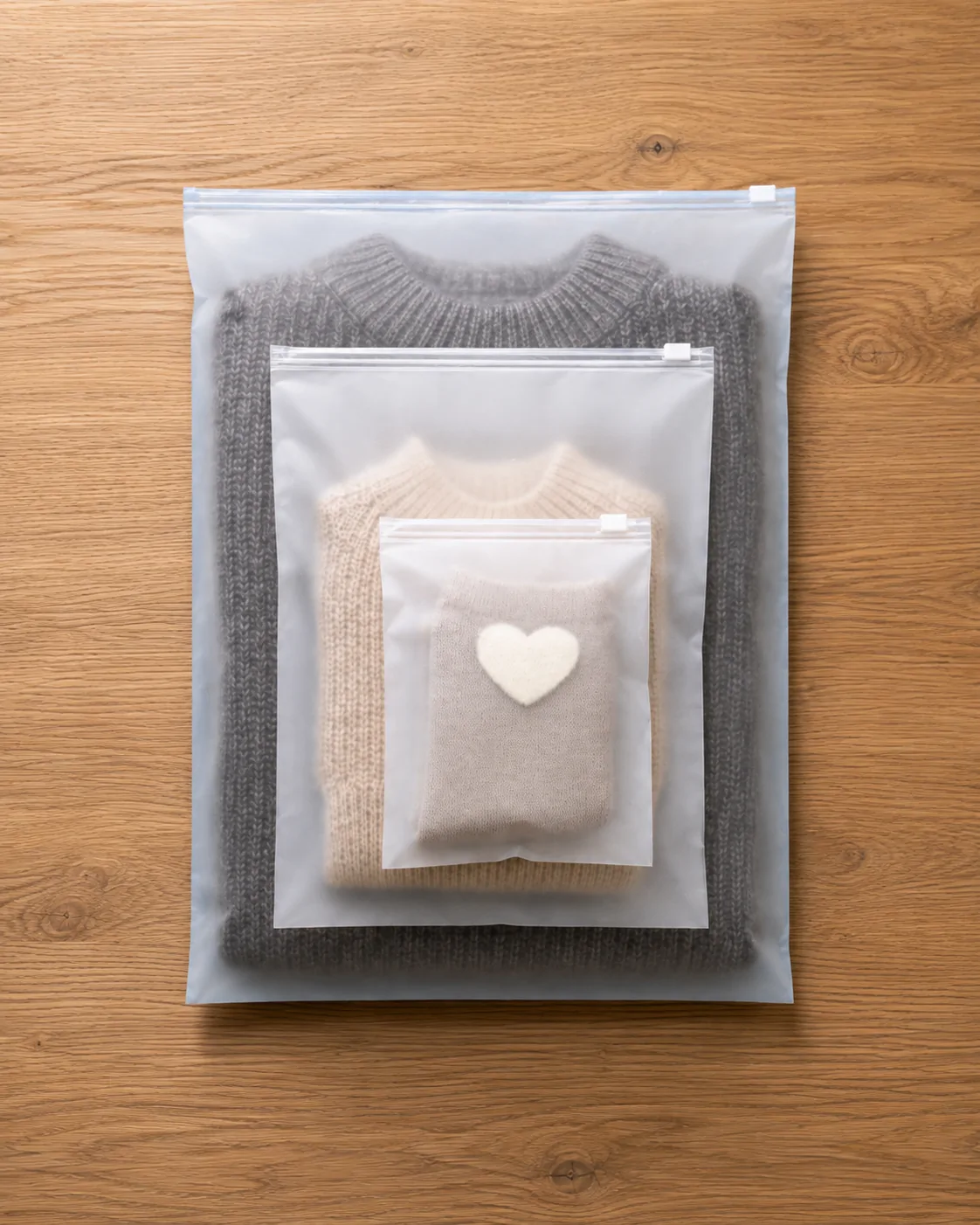 Garments presented in reusable custom packaging bags